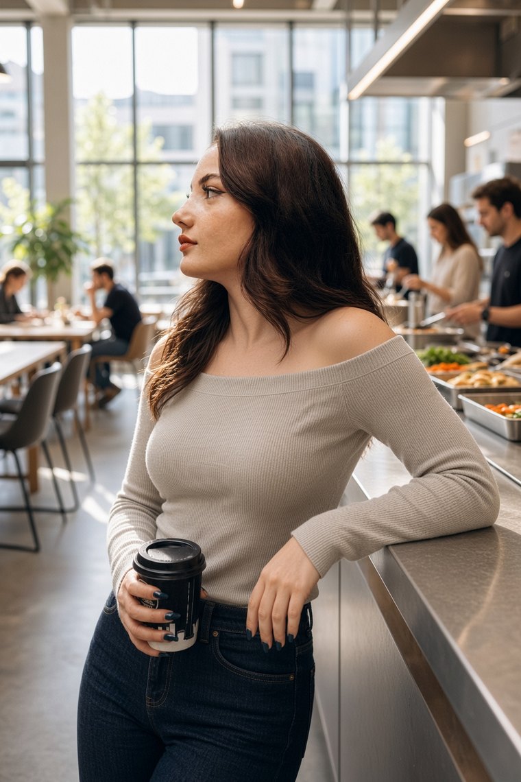 Professionnelle avec un café, dans un espace de pause lumineux, ouvert sur un bureau en activité.