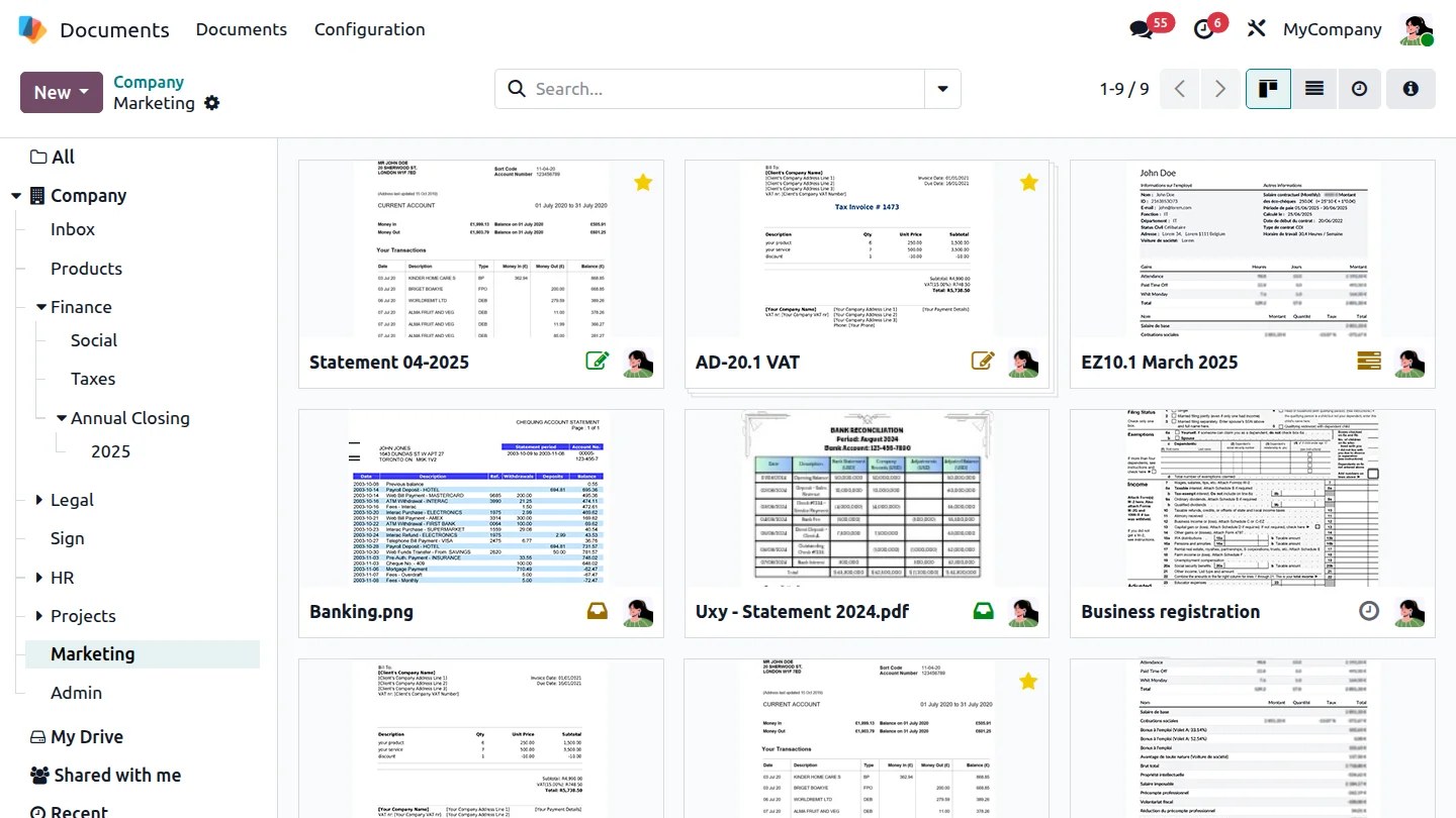 Espace documentaire Odoo pour un cabinet comptable, avec signature électronique.