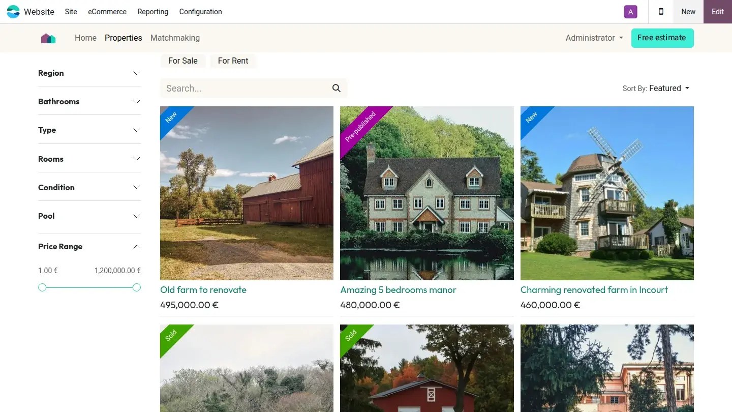 Interface Odoo de gestion des annonces immobilières, avec détails des biens.