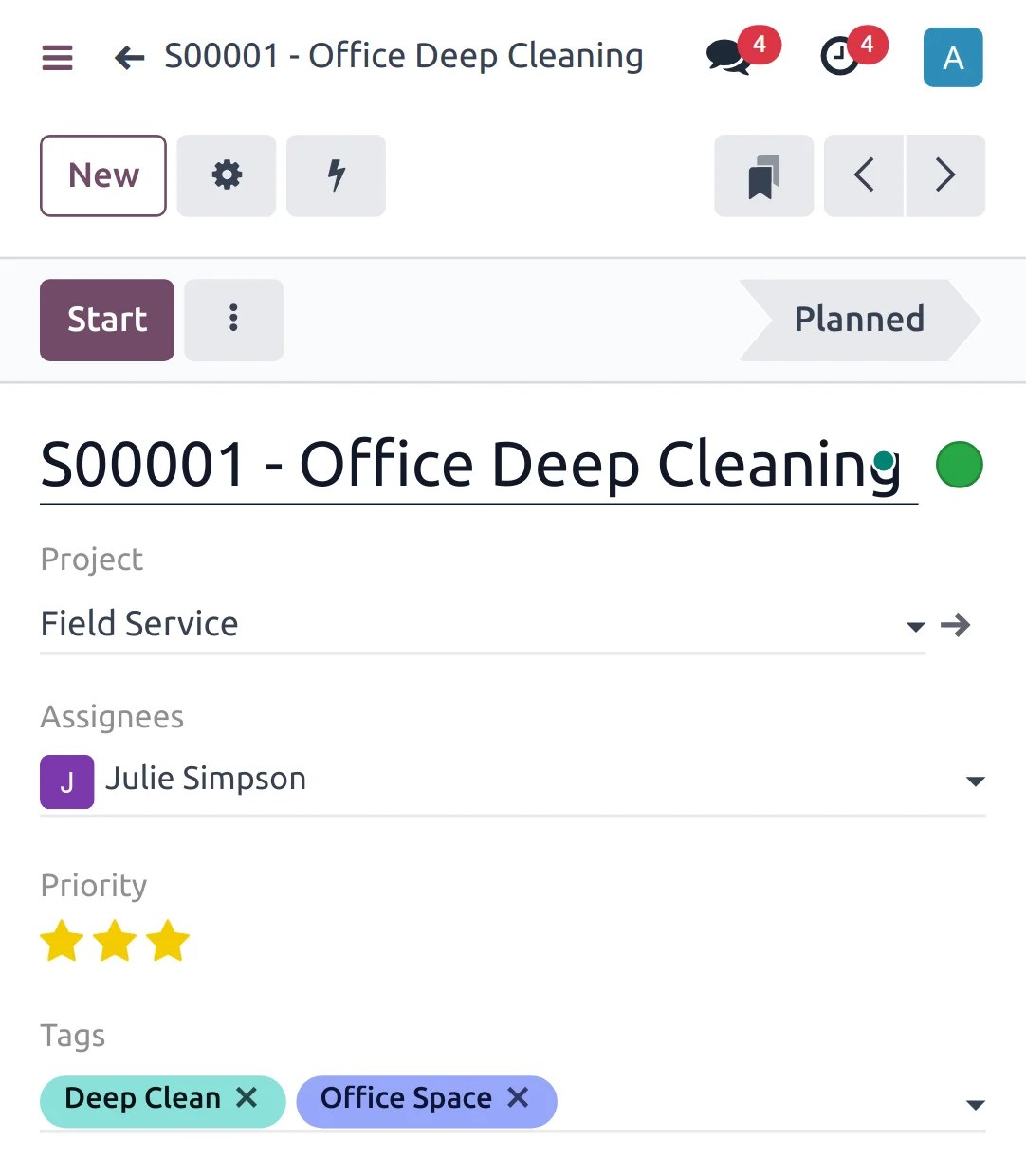 Application mobile Odoo pour la planification des missions de nettoyage sur le terrain.