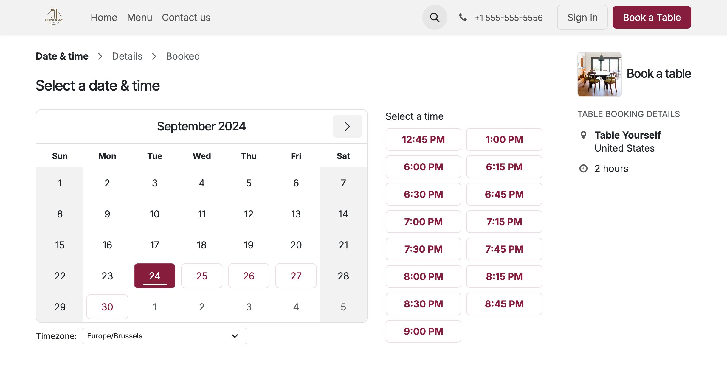 Interface de réservation de table en ligne Odoo, avec sélection de créneau horaire.