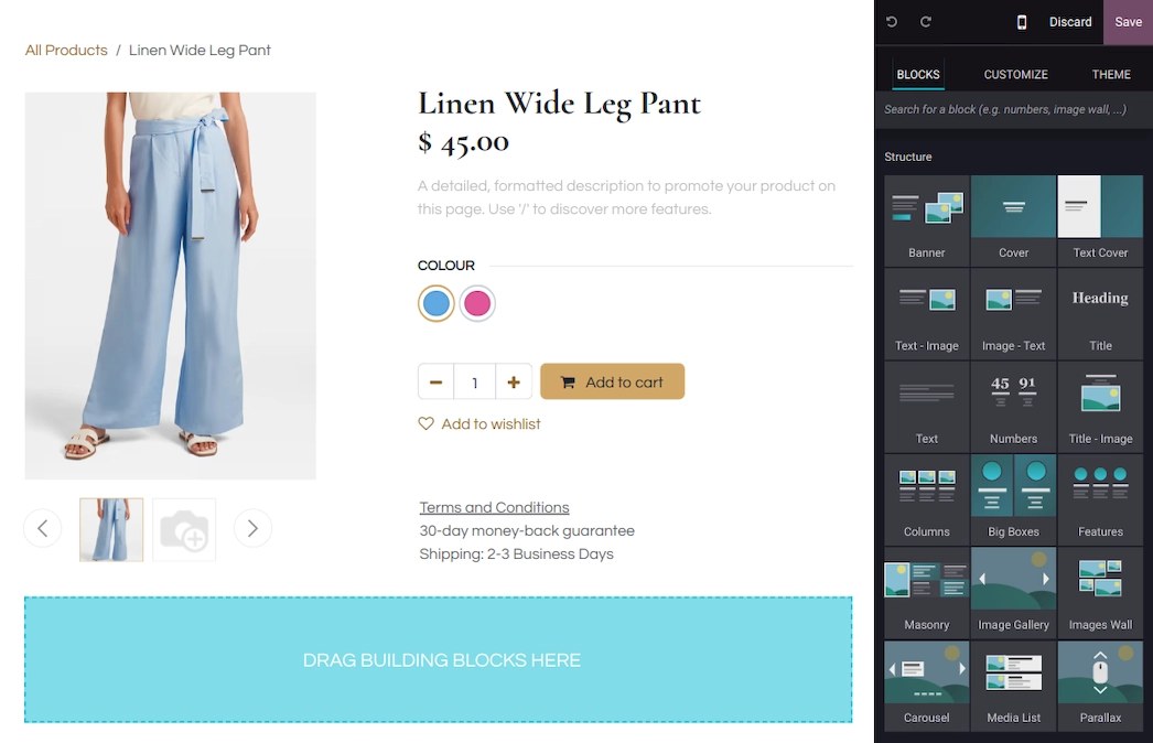 Éditeur de site e-commerce Odoo pour un magasin de vêtements, avec gestion des variantes de produit.