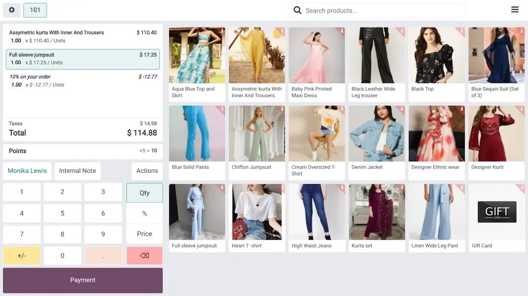 Interface du point de vente Odoo pour un magasin de vêtements.